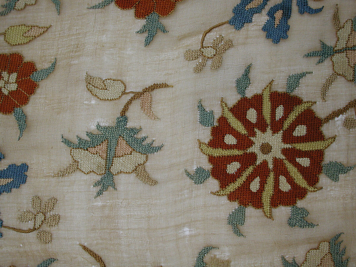 Cover, Linen, silk, metal wrapped thread; plain weave, embroidered