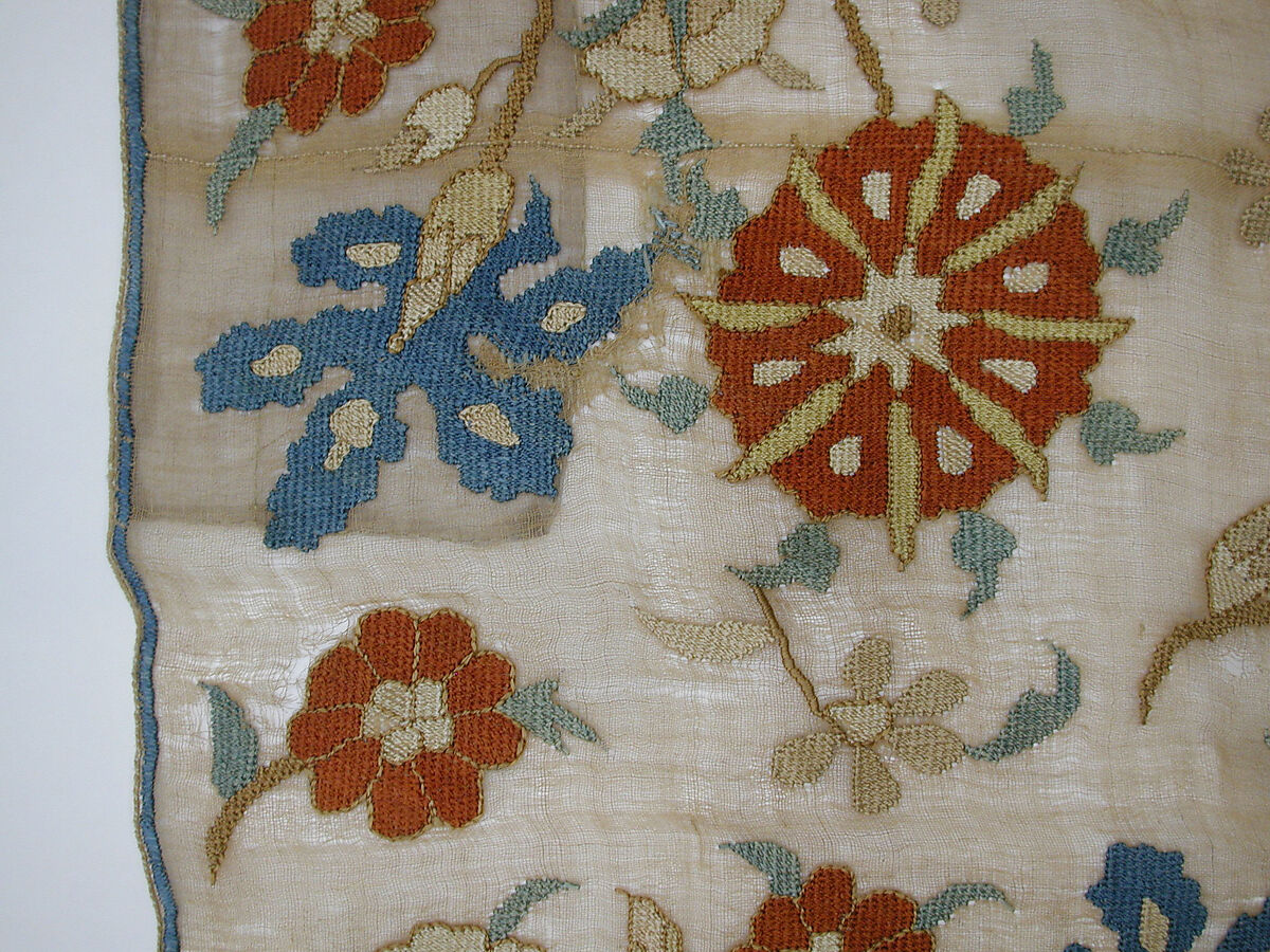 Cover, Linen, silk, metal wrapped thread; plain weave, embroidered