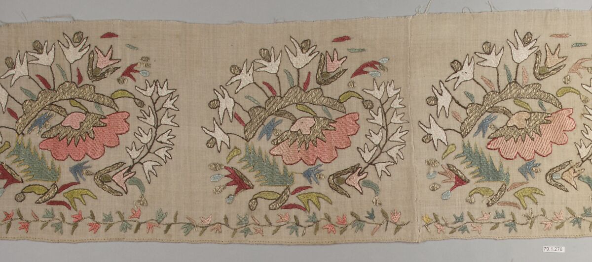 Textile Fragment, Linen, silk, metal wrapped thread; plain weave, embroidered 