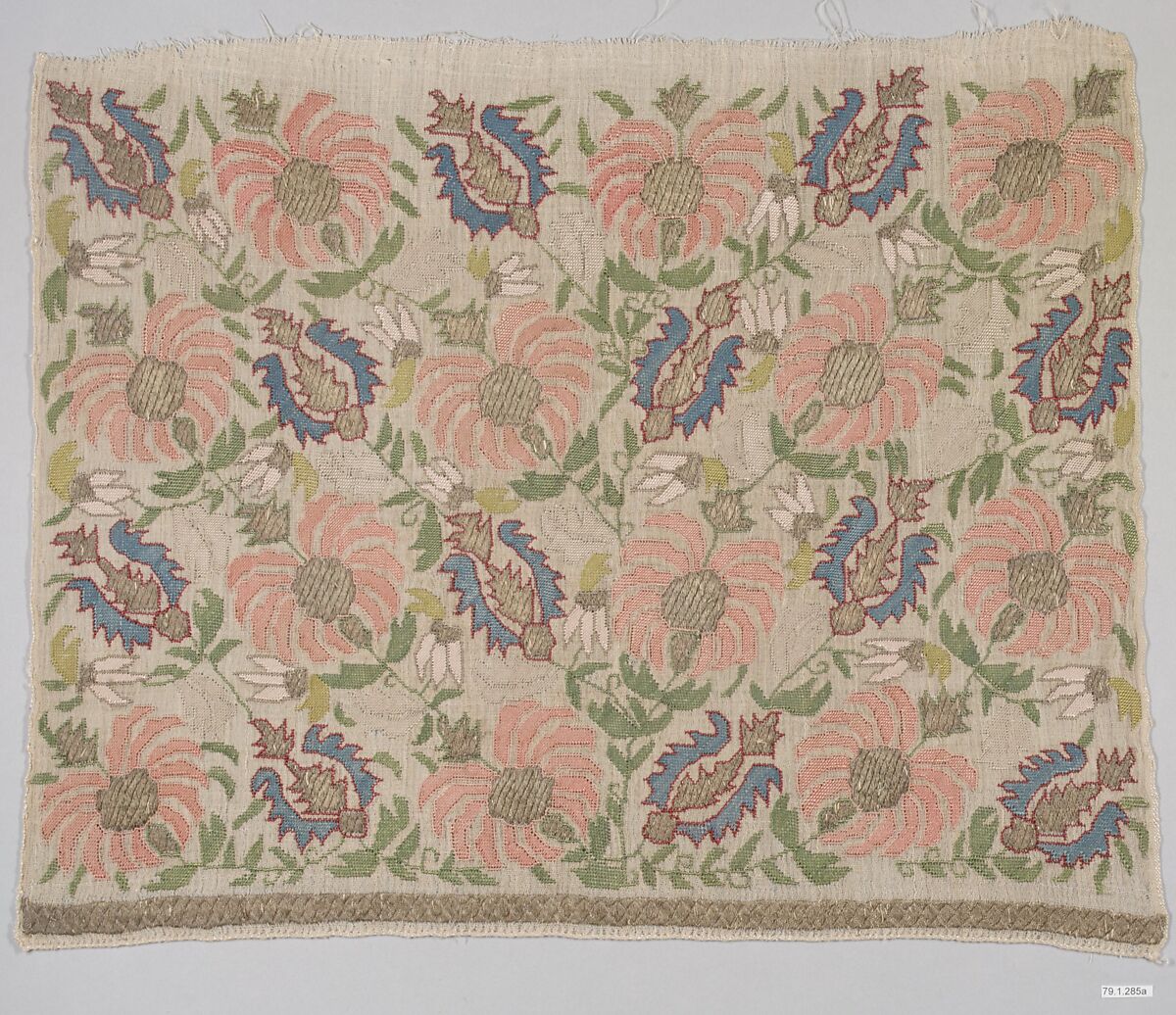 Towel End, Linen, silk, metal wrapped thread; plain weave, embroidered