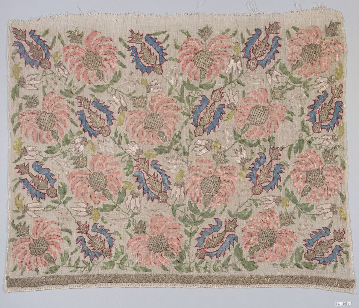 Towel End, Linen, silk, metal wrapped thread; plain weave, embroidered