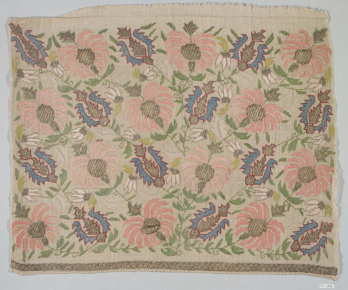 Towel End, Linen, silk, metal wrapped thread; plain weave, embroidered