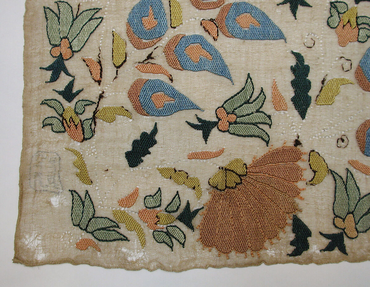 Towel End, Linen, silk; plain weave, embroidered