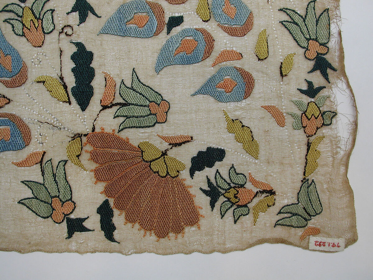 Towel End, Linen, silk; plain weave, embroidered