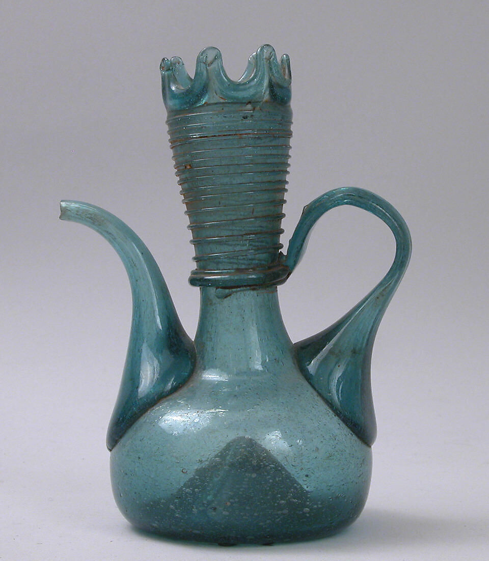 Ewer, Glass; free blown with applied decoration 