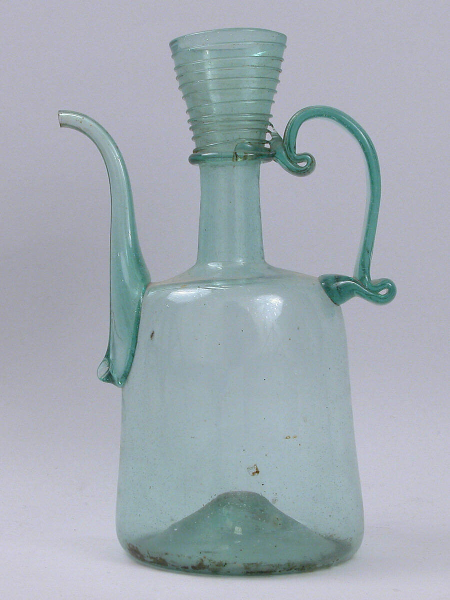 Ewer, Glass, green; blown, applied handle and spout