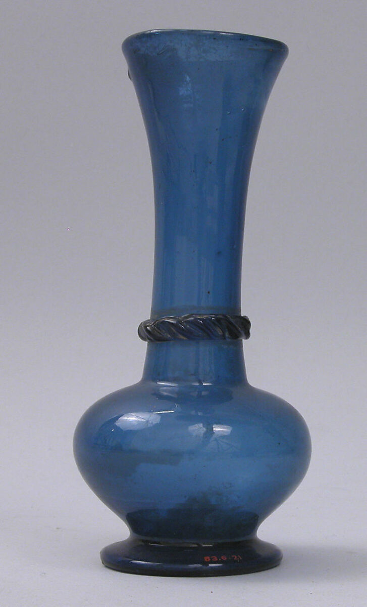Vase, Glass, blue; free blown with applied decoration 