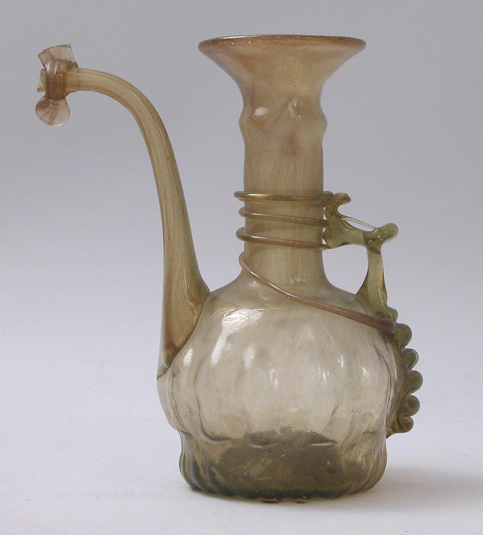 Ewer, Glass; mold blown and applied decoration 