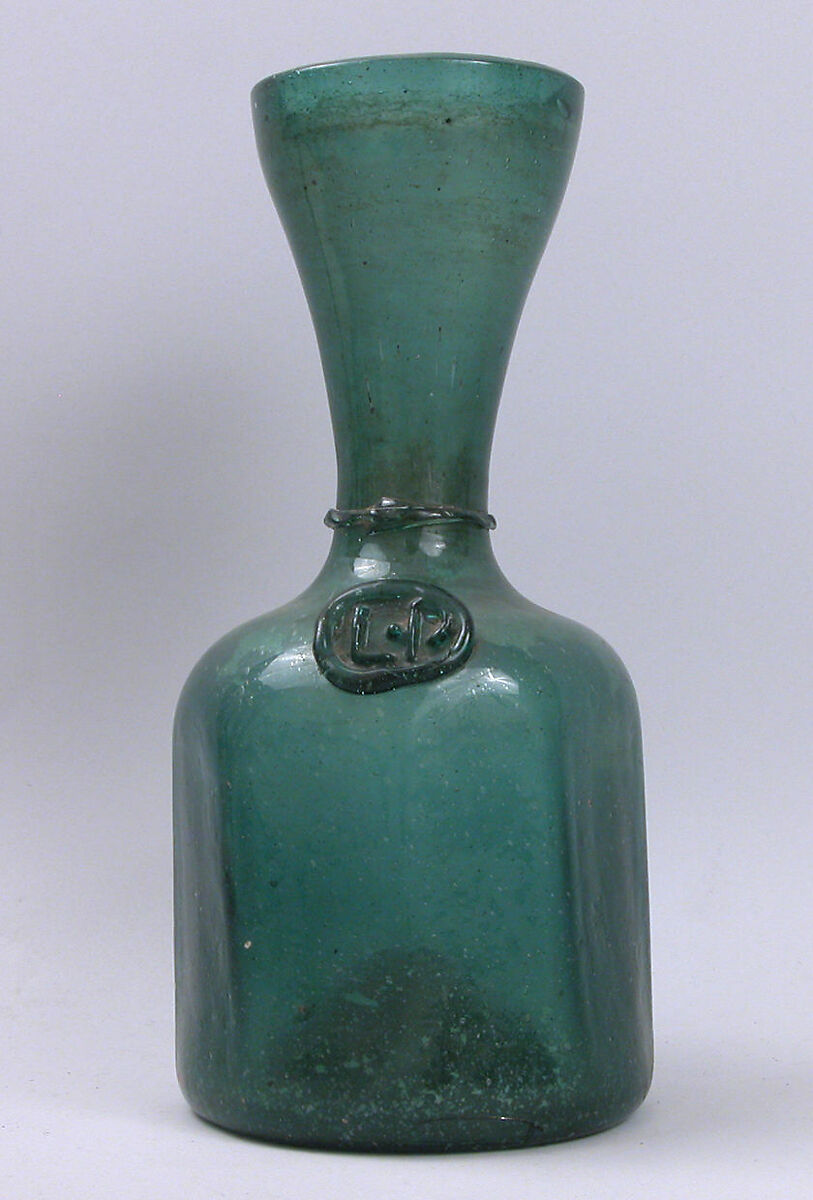 Bottle, Glass; mold blown and applied decoration; tooled on the pontil 