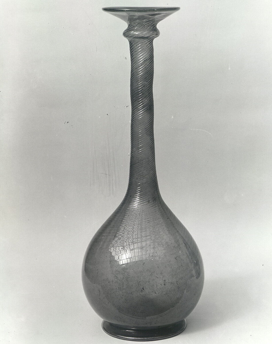 Bottle, Glass; dip molded with applied decoration, tooled on the pontil