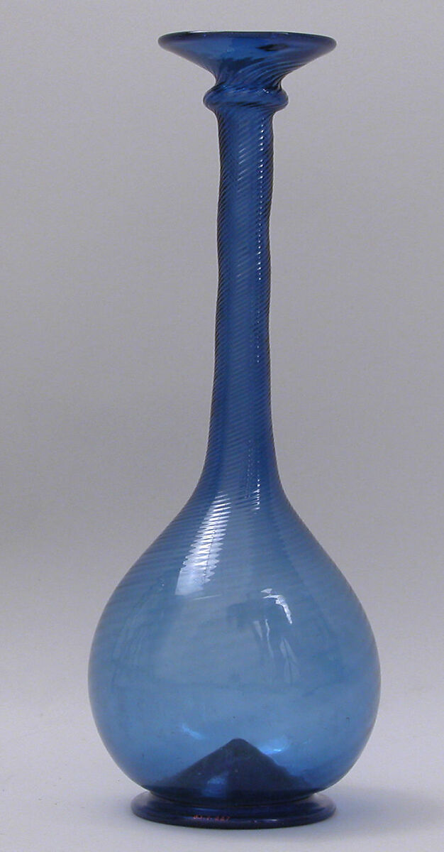 Bottle, Glass; dip molded with applied decoration, tooled on the pontil