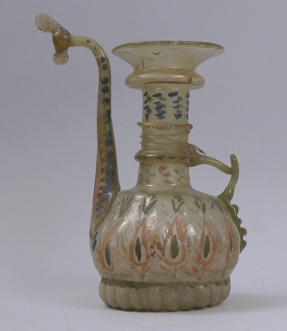 Ewer, Glass; mold blown and applied decoration, tooled on the pontil, cold-painted 