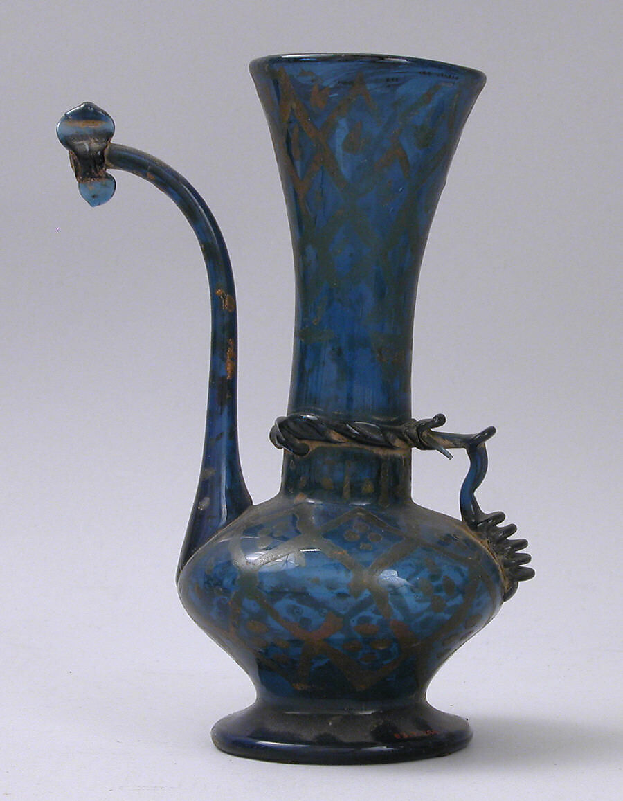 Ewer, Glass; blown with applied decoration, tooled on the pontil, cold-painted 