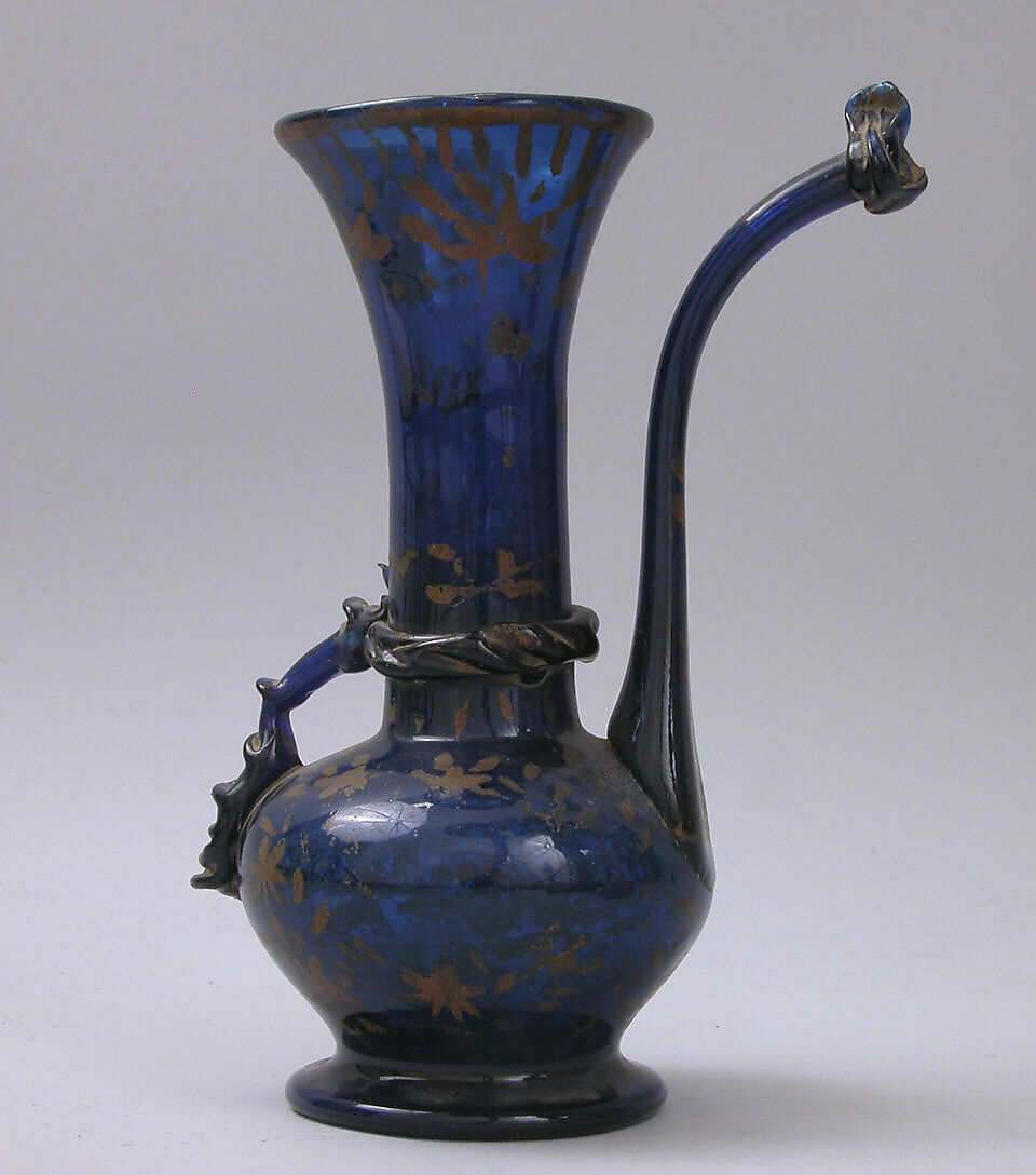 Ewer, Glass; blown with applied decoration, tooled on the pontil, cold-painted 