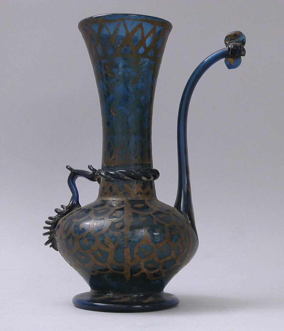 Ewer, Glass; blown with applied decoration, tooled on the pontil, cold-painted 