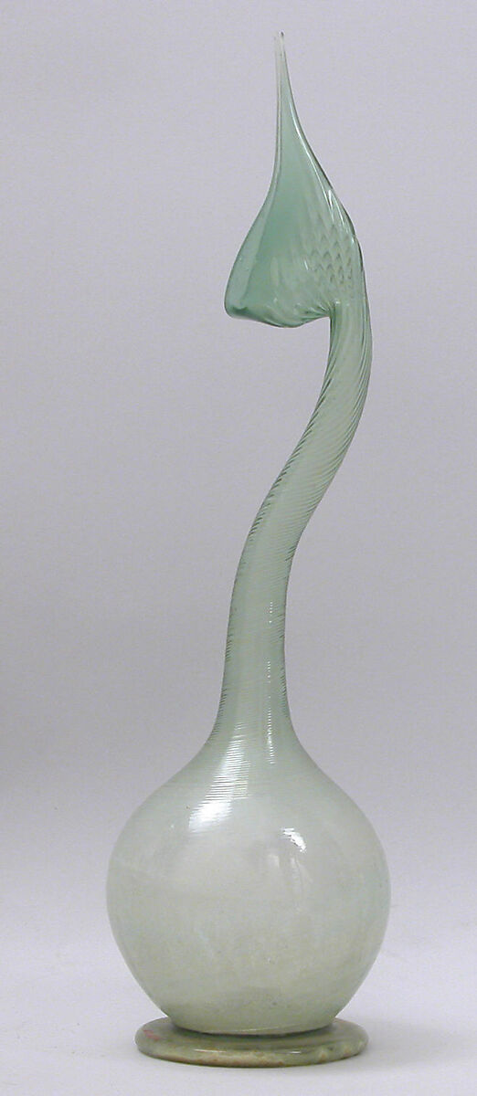 Swan-neck Bottle (Ashkdan), Glass, greenish; dip-molded, blown folded foot 