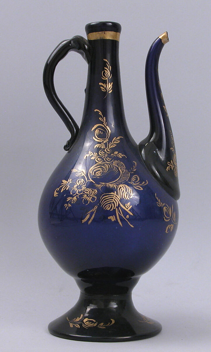 Ewer, Glass; blown with applied decoration, tooled on the pontil, cold-painted 