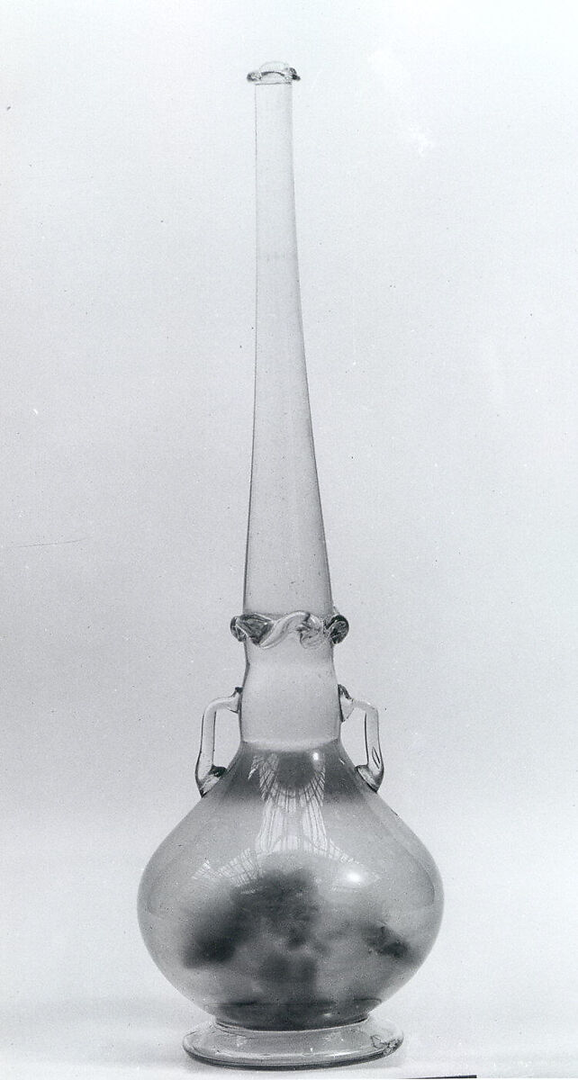 Bottle, Glass; free blown, applied decoration