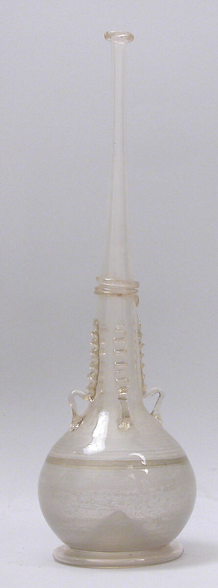 Sprinkler, Glass, colorless; blown with internal rib, folded foot, applied handles and decoration