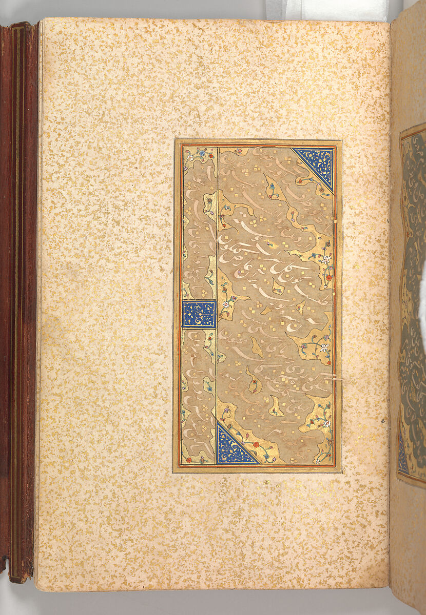 Anthology of Persian Poetry, Amir Shahi of Sabzavar (Iranian, born Sabzavar; died 1453), Main support: Ink, opaque watercolor, and gold on paper
Binding: Lacquer