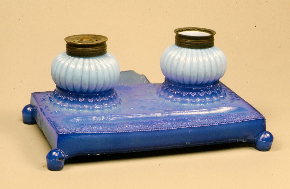Inkstand, Probably Boston &amp; Sandwich Glass Company (American, 1825–1888, Sandwich, Massachusetts), Pressed and blown-molded glass, pewter 