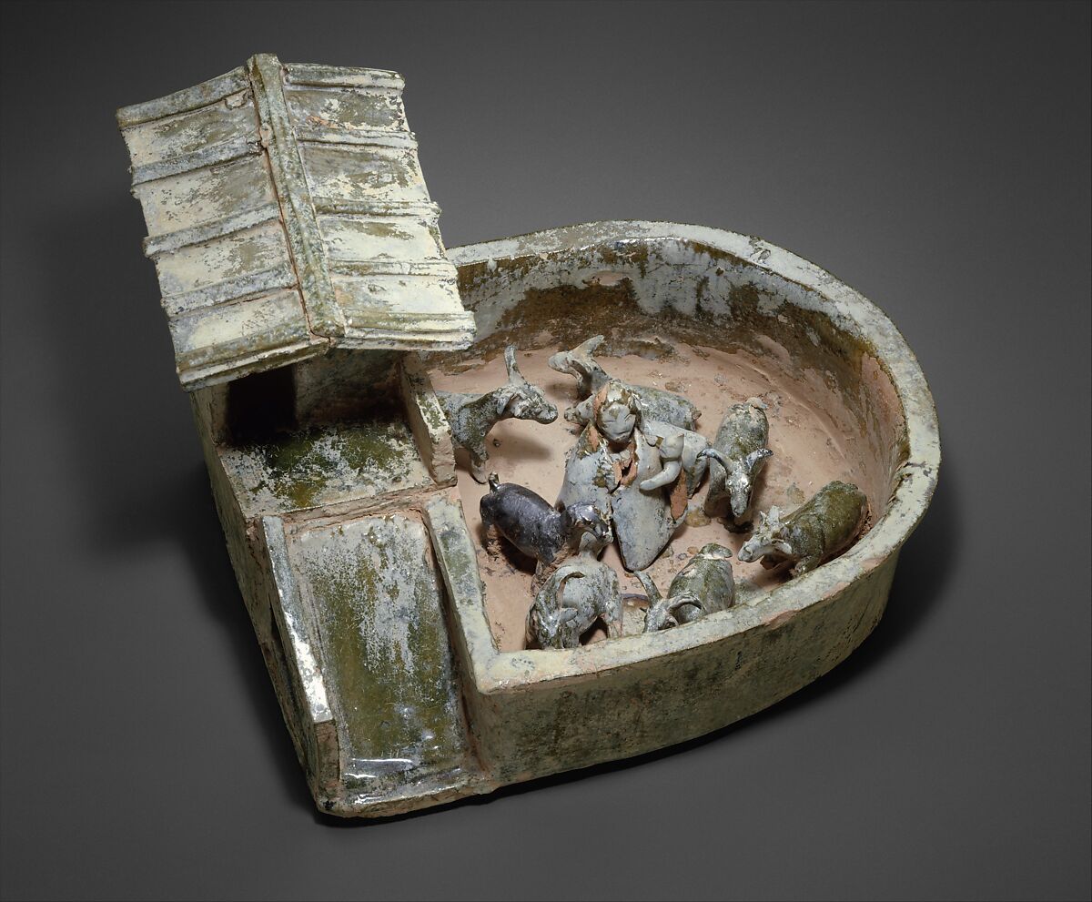 Animal Pen with Figures, Earthenware with green lead glaze, China 