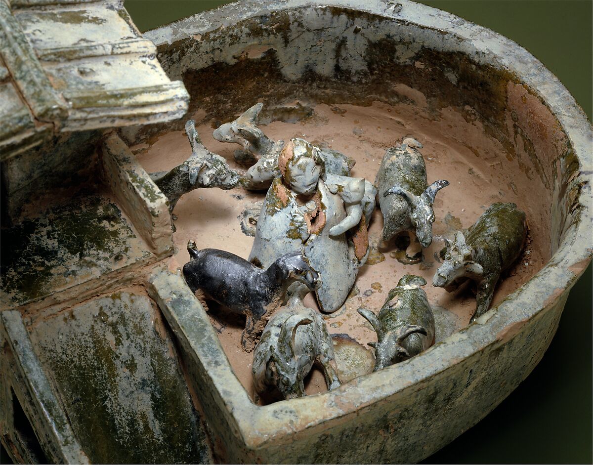 Animal Pen with Figures, Earthenware with green lead glaze, China