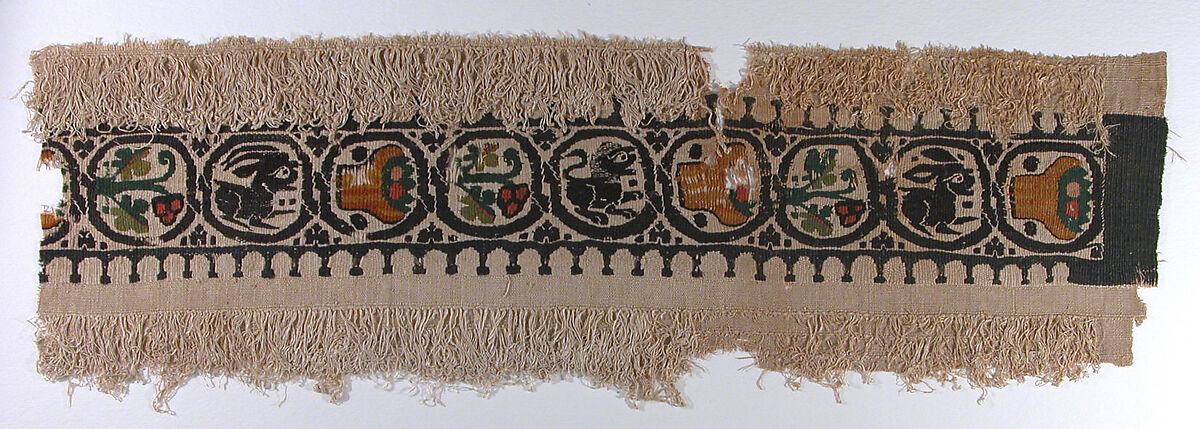 Textile Fragment, Wool, linen; plain weave, tapestry weave, weft loop weave