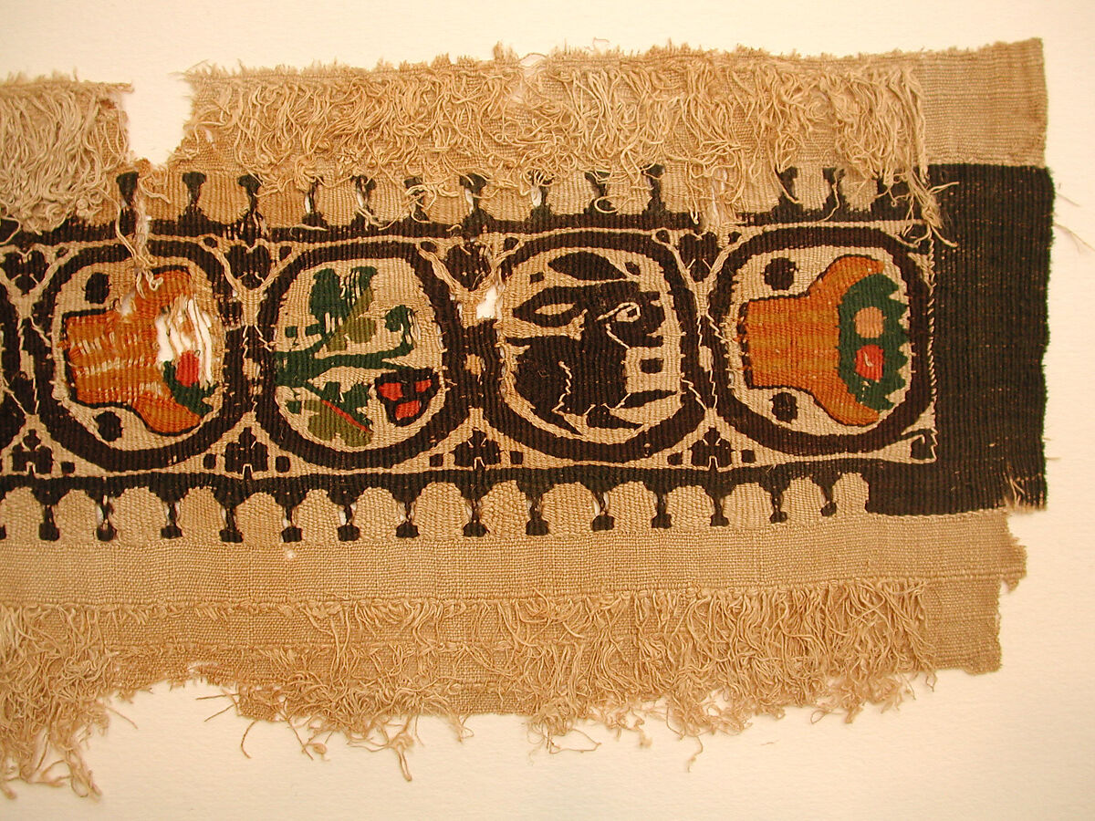 Textile Fragment, Wool, linen; plain weave, tapestry weave, weft loop weave