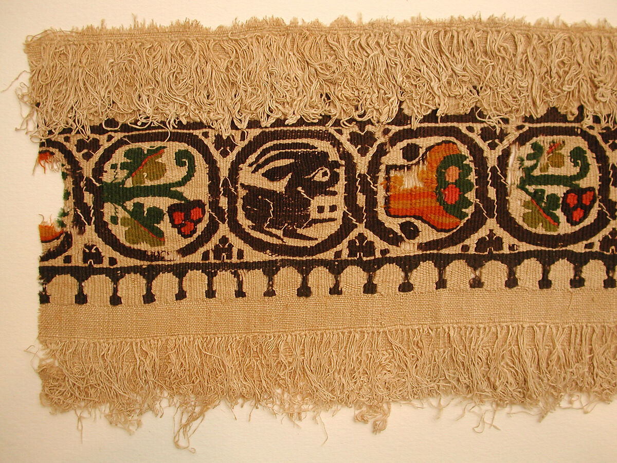 Textile Fragment, Wool, linen; plain weave, tapestry weave, weft loop weave