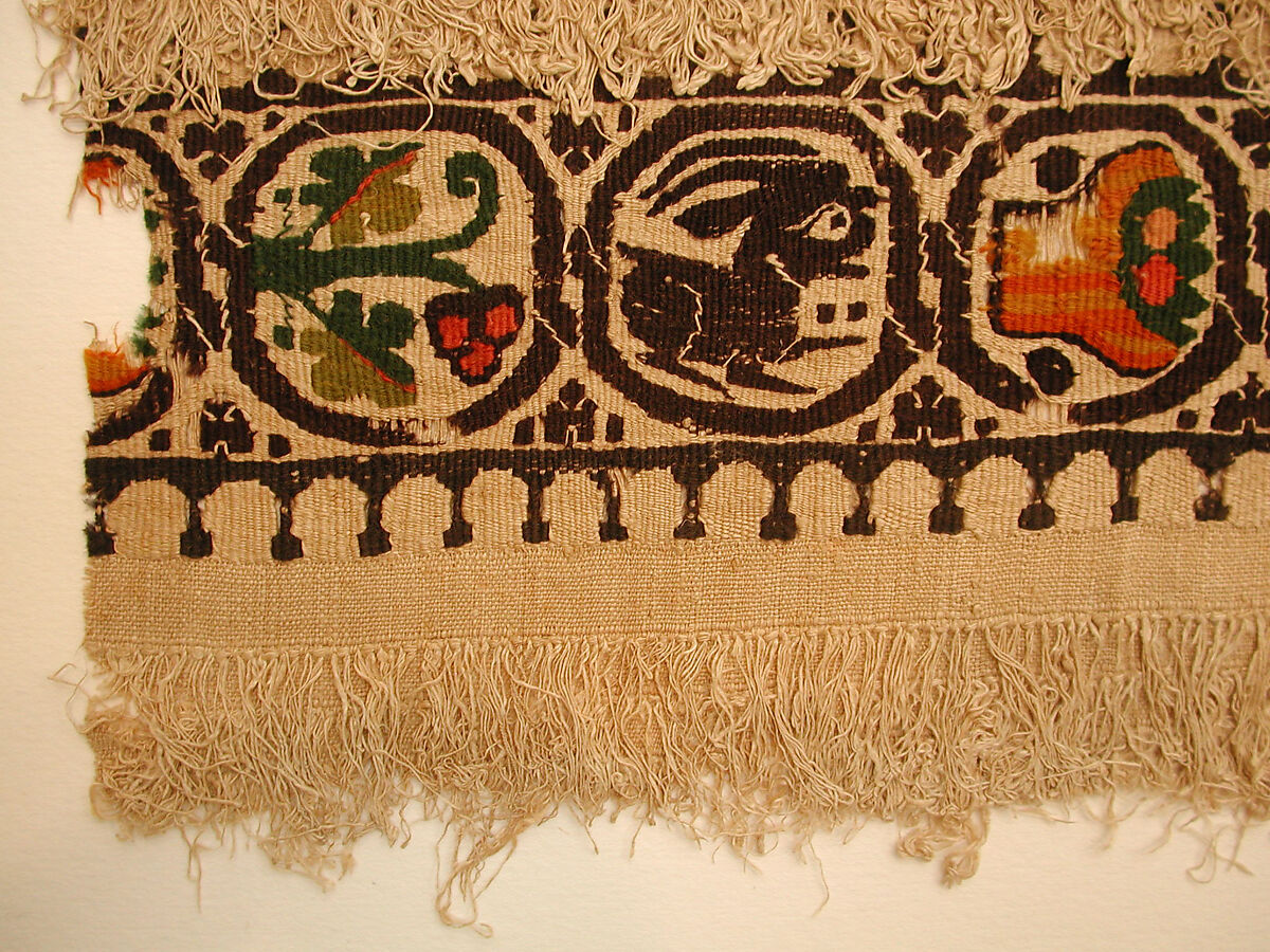 Textile Fragment, Wool, linen; plain weave, tapestry weave, weft loop weave