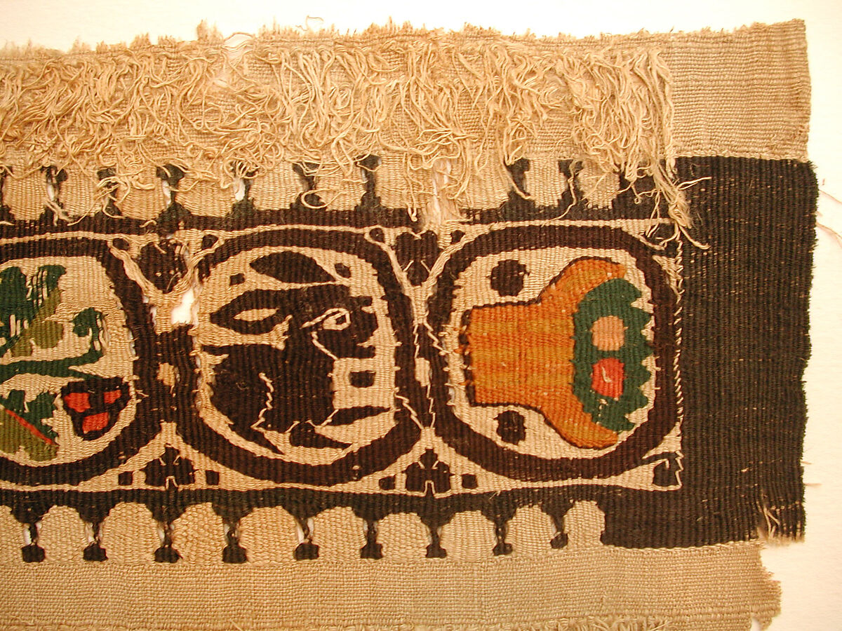 Textile Fragment, Wool, linen; plain weave, tapestry weave, weft loop weave