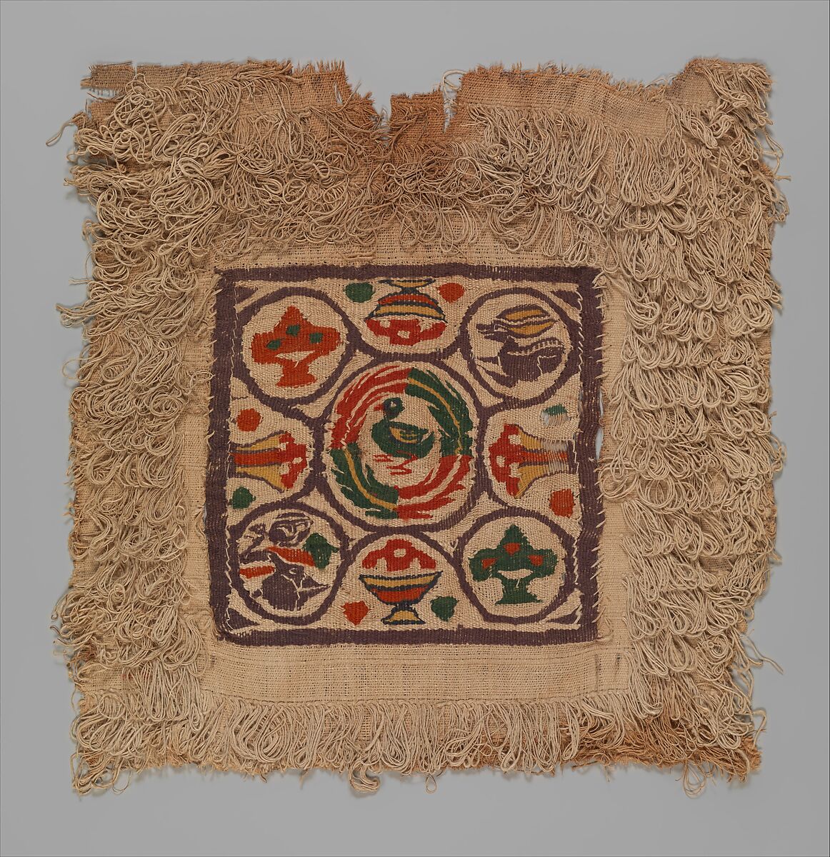Textile Fragment, Wool, linen; plain weave, tapestry weave, weft loop weave