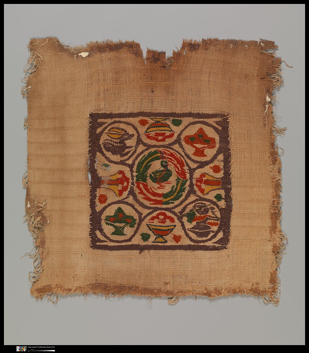 Textile Fragment, Wool, linen; plain weave, tapestry weave, weft loop weave