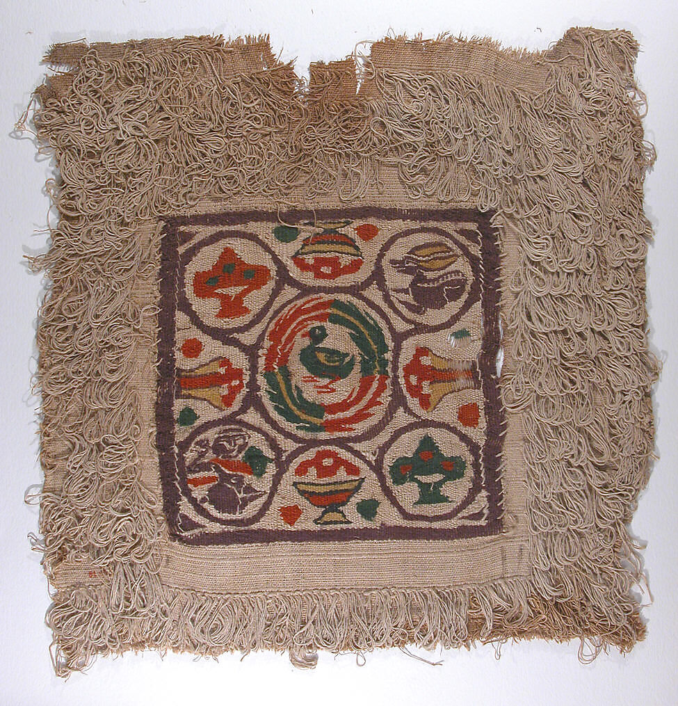 Textile Fragment, Wool, linen; plain weave, tapestry weave, weft loop weave 