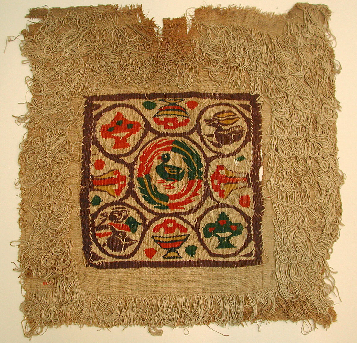 Textile Fragment, Wool, linen; plain weave, tapestry weave, weft loop weave