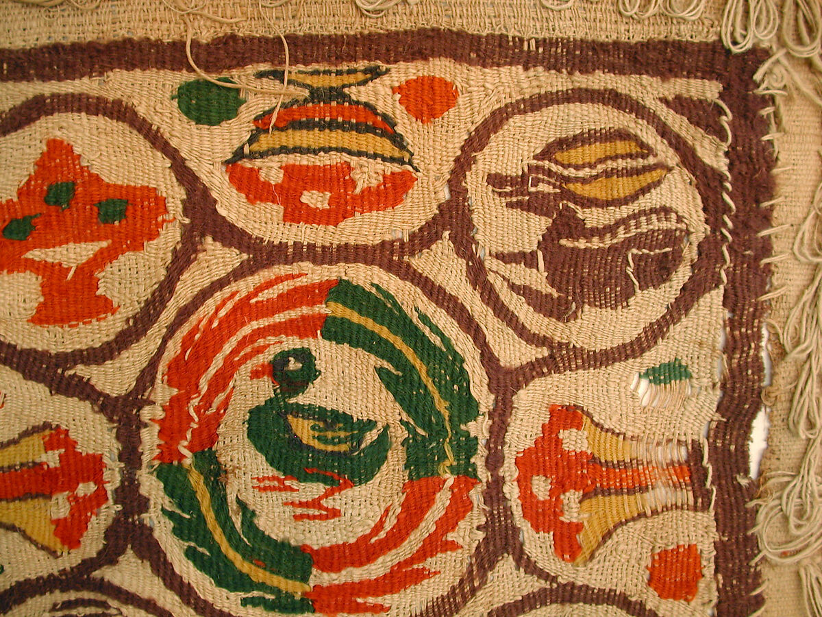 Textile Fragment, Wool, linen; plain weave, tapestry weave, weft loop weave
