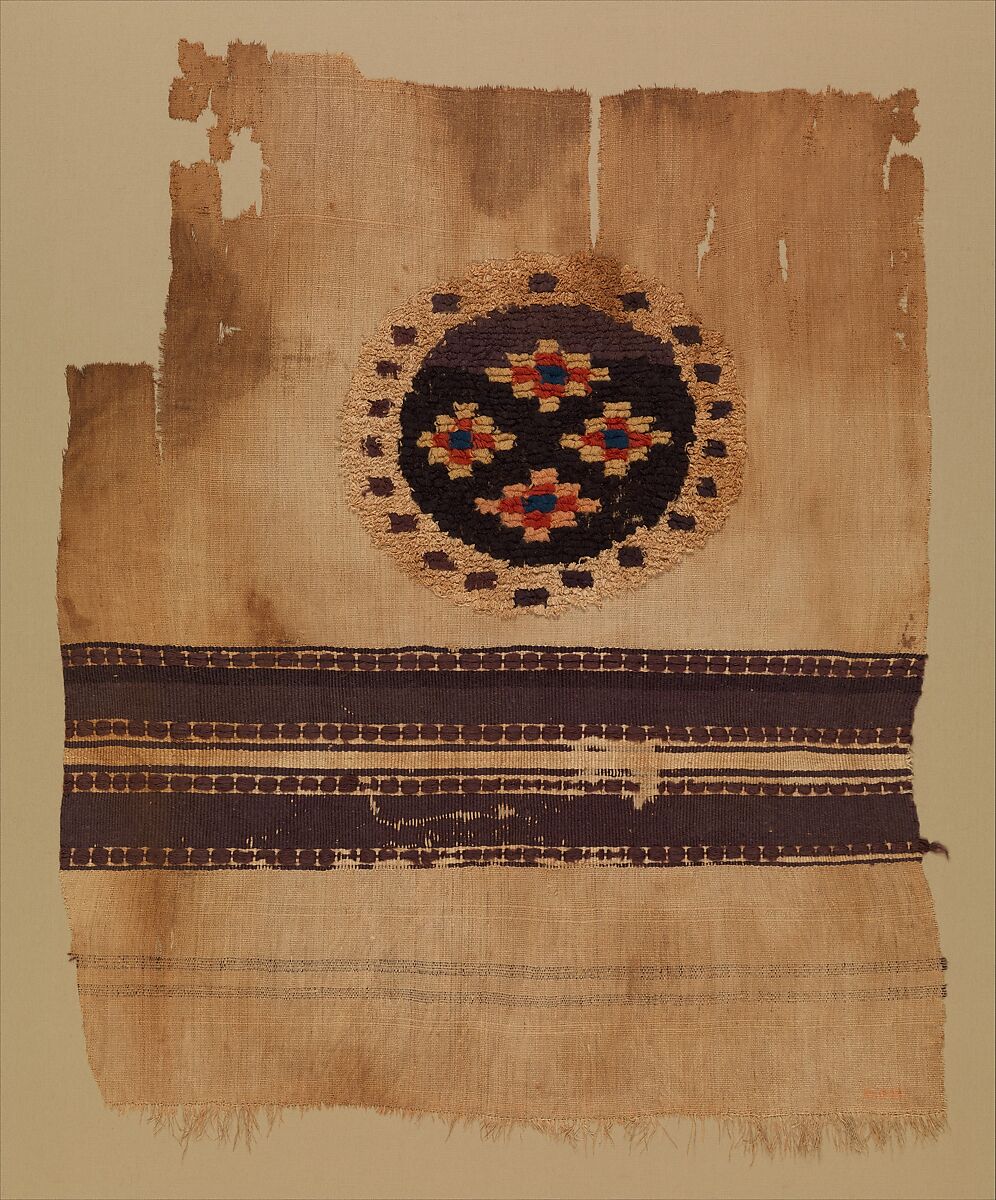 Textile Fragment, Wool, linen; plain weave, tapestry weave, weft loop weave