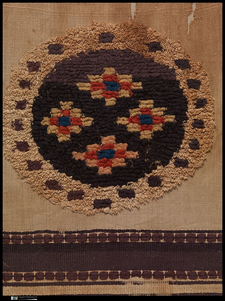 Textile Fragment, Wool, linen; plain weave, tapestry weave, weft loop weave