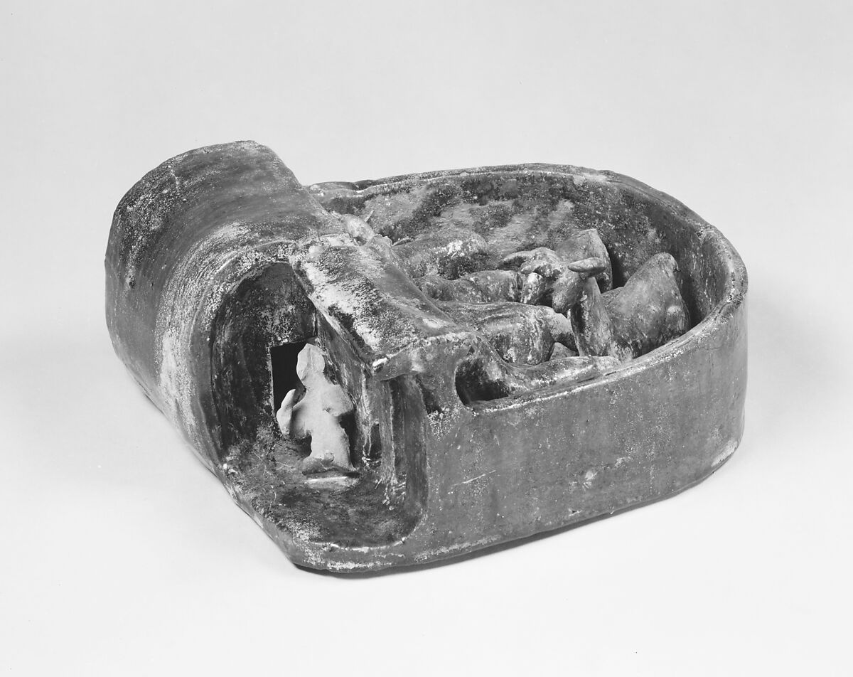 Square Pen with Six Rams, Earthenware with green lead glaze, China