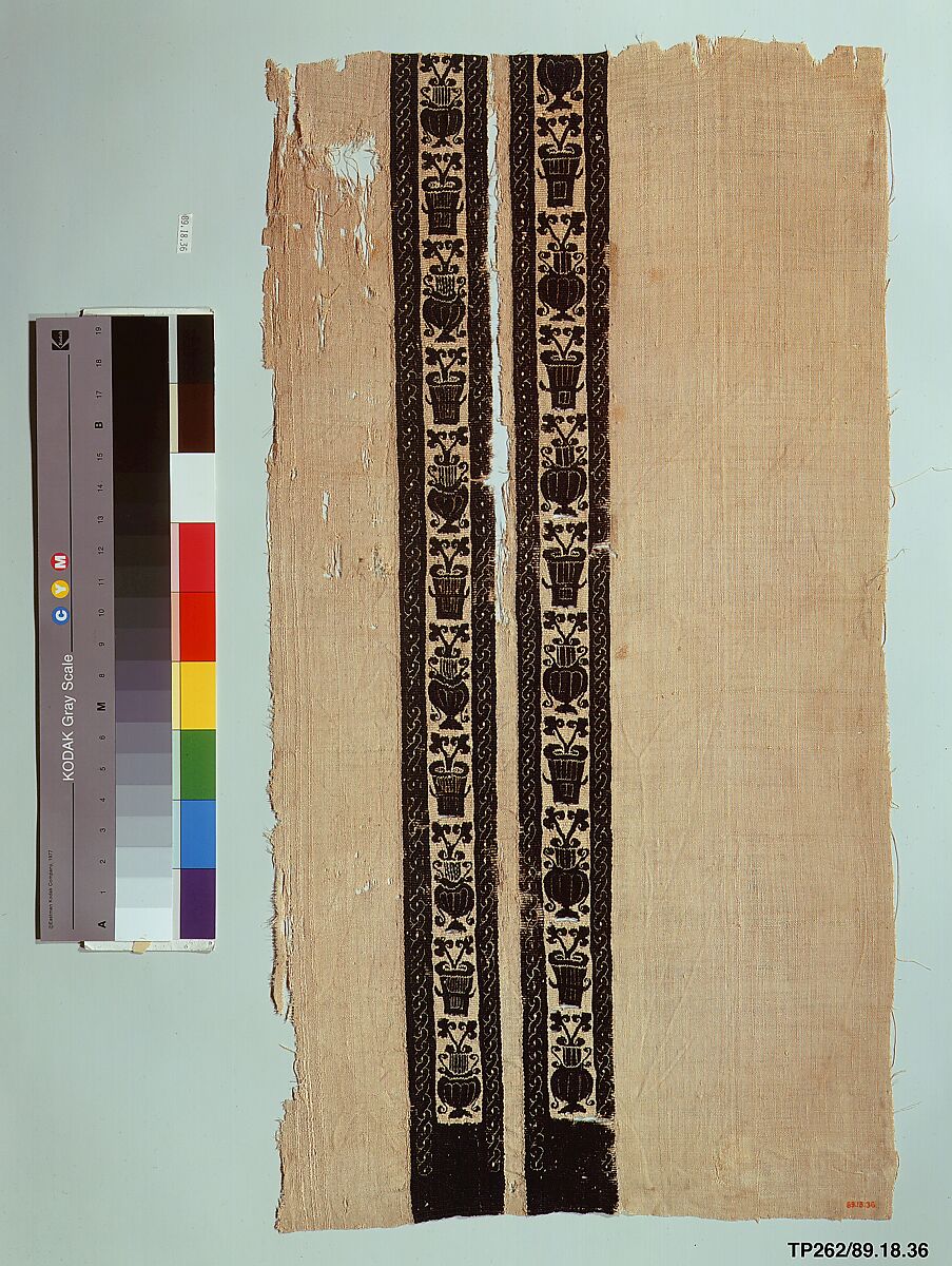 Fragment with Ornamental Bands of Vases with Leaves, Wool, linen; plain weave, tapestry weave