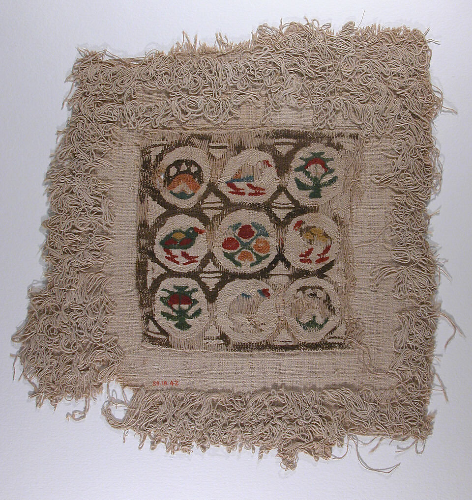 Textile Fragment, Wool, linen; plain weave, tapestry weave, weft loop weave 