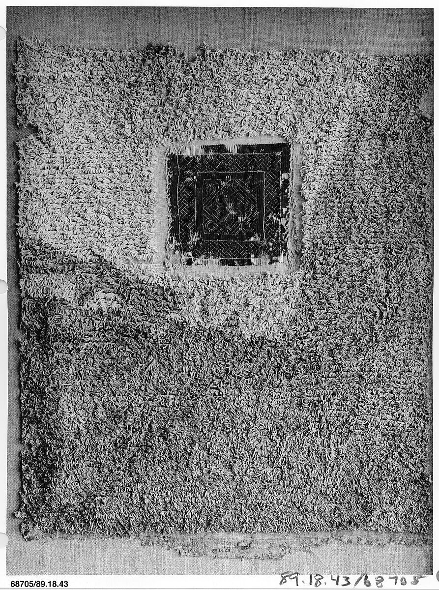 Fragment of a Cover or Blanket with Interlace Square, Wool, linen; plain weave, tapestry weave, weft loop weave