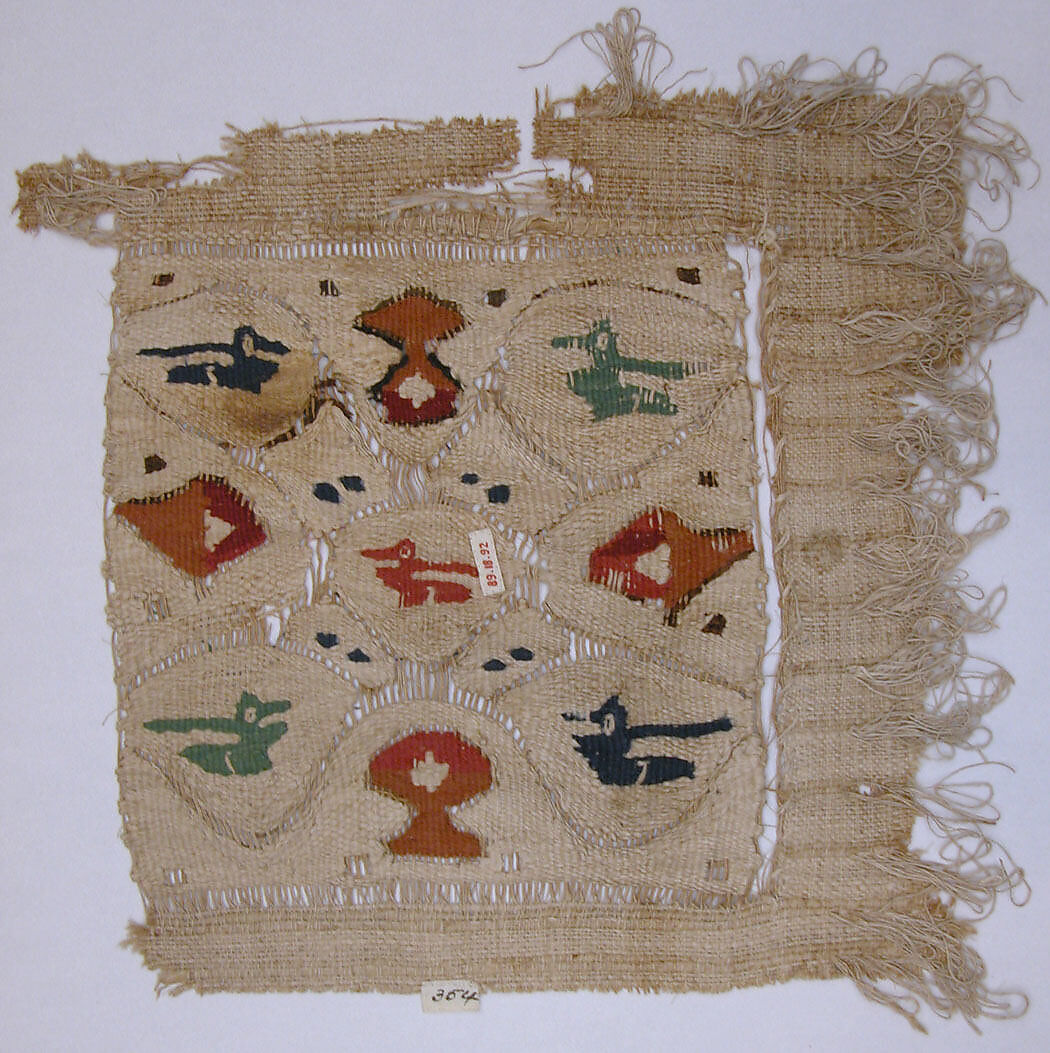 Textile Fragment, Wool, linen; plain weave, tapestry weave, weft loop weave