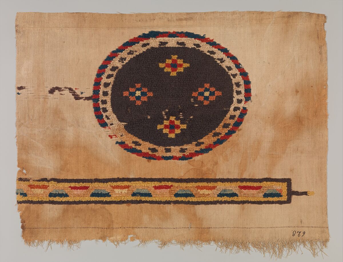 Textile Fragment, Wool, linen; plain weave, tapestry weave, weft loop weave