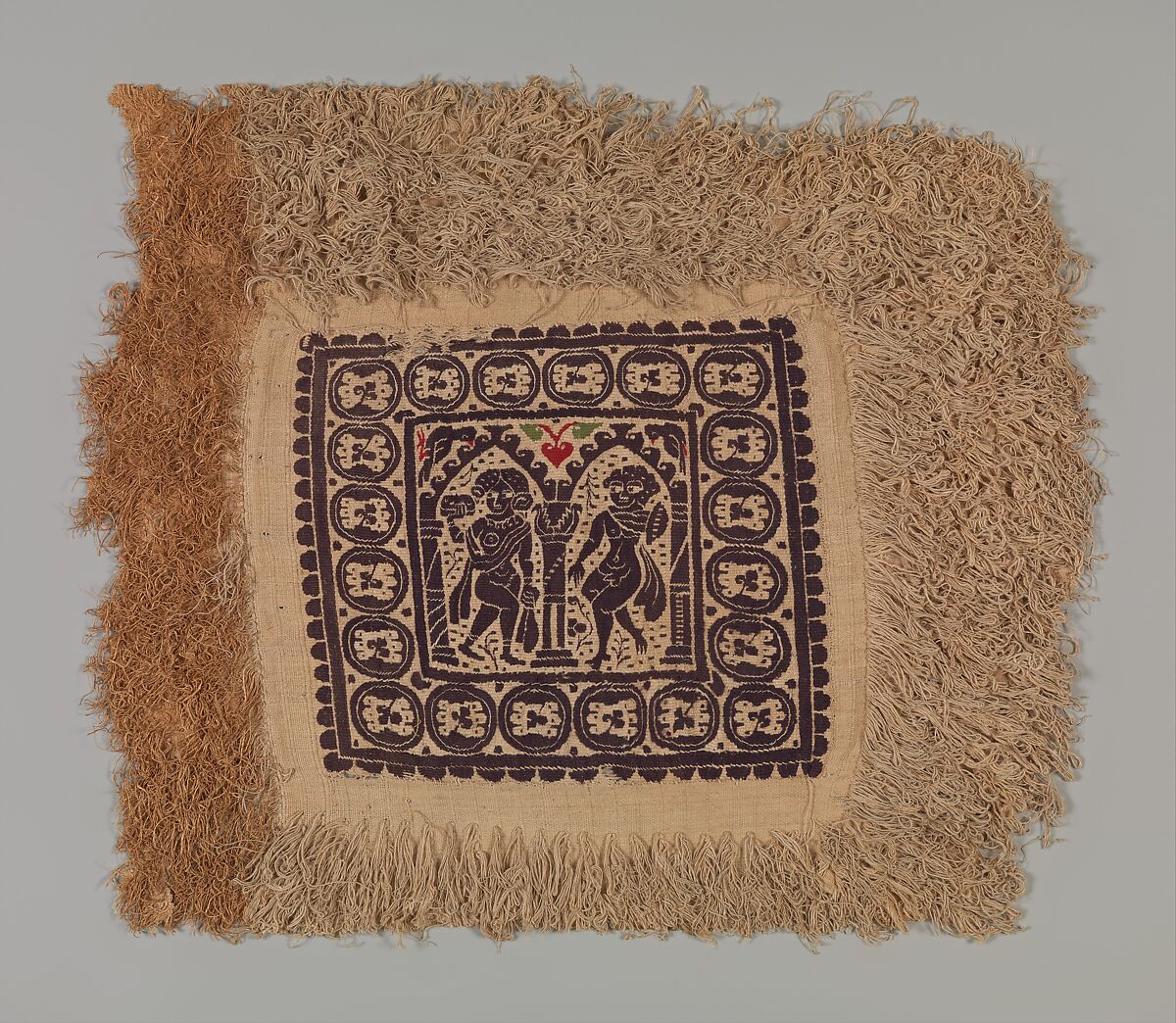Textile Fragment, Wool, linen; plain weave, tapestry weave, weft loop weave 