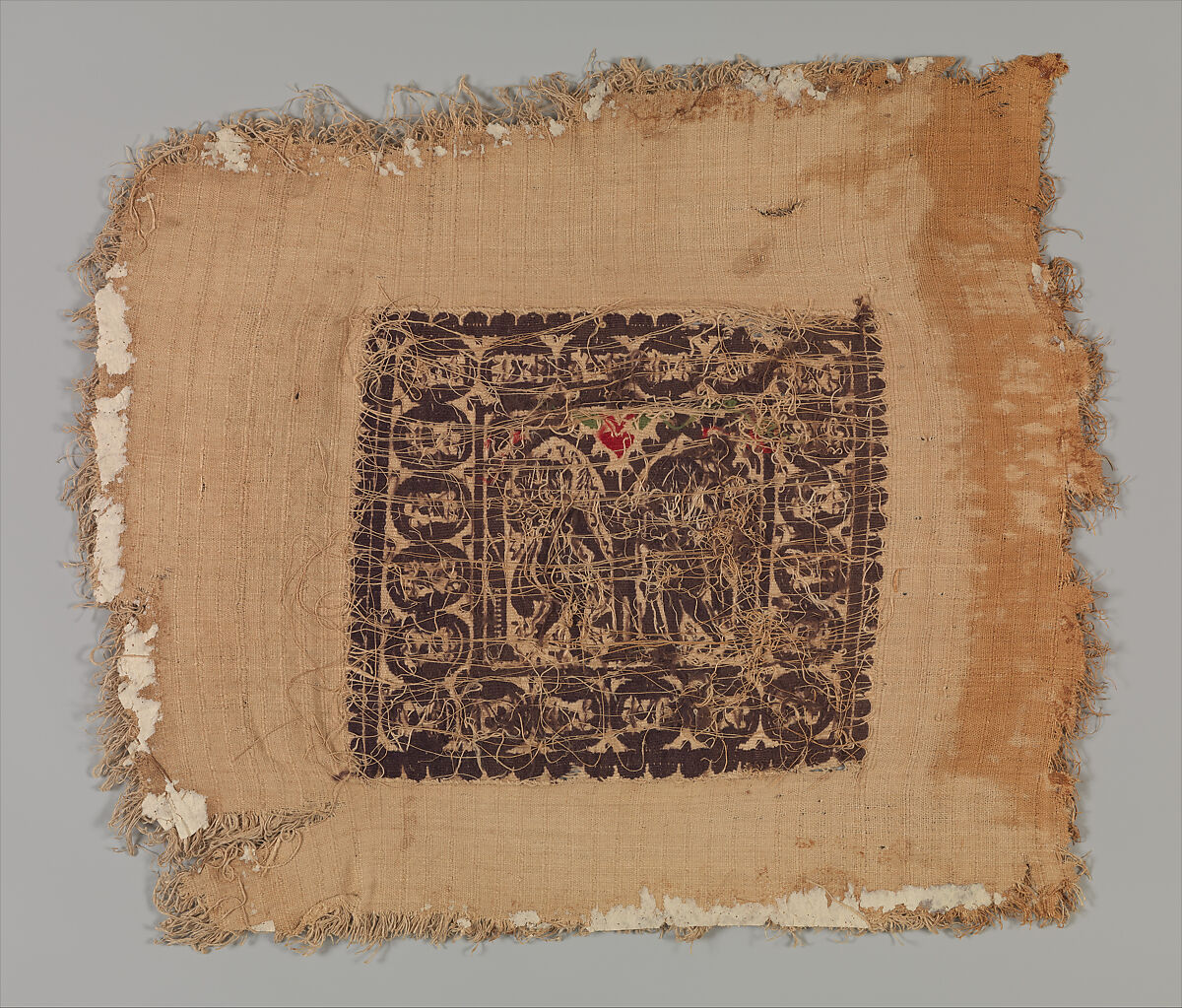 Textile Fragment, Wool, linen; plain weave, tapestry weave, weft loop weave
