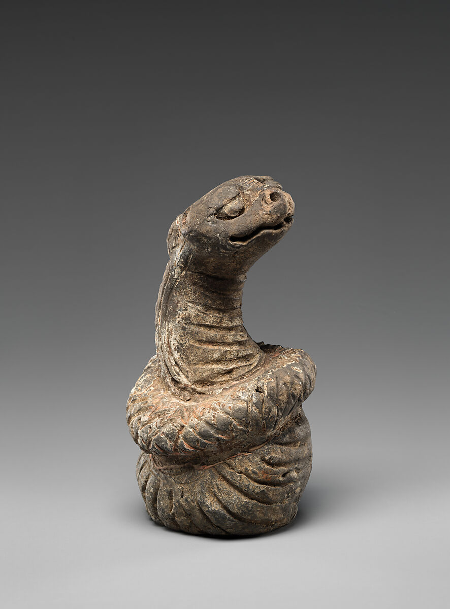 Chinese zodiac figure, snake, Grey earthenware with pigment, China