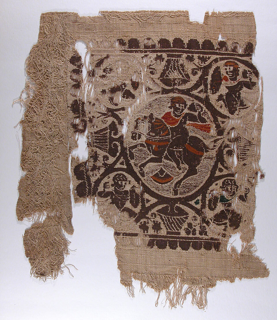 Textile Fragment, Wool, linen; plain weave, tapestry weave, weft loop weave