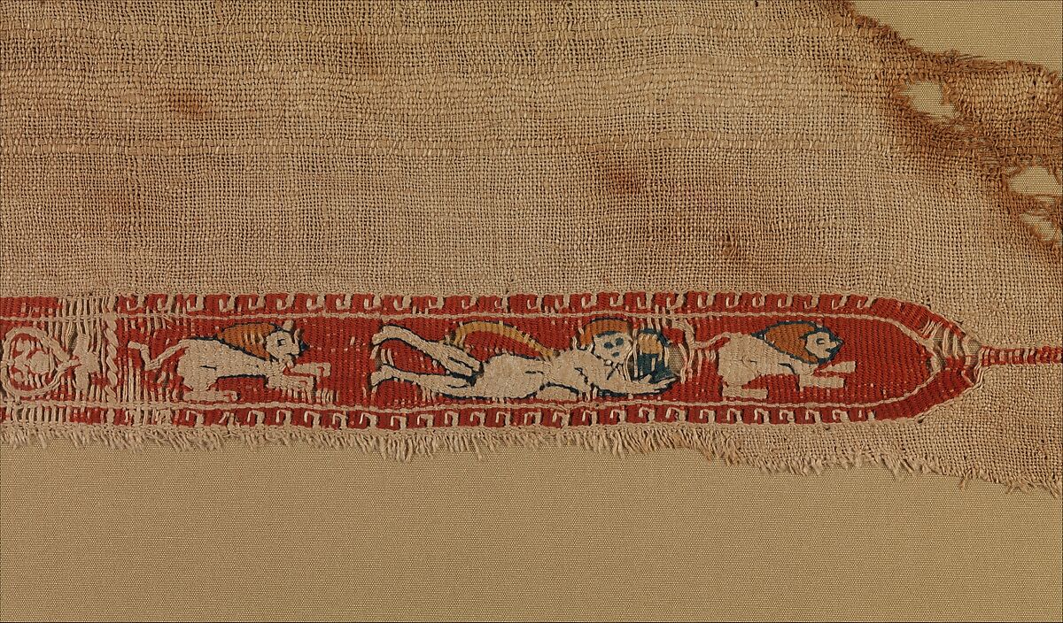 Tunic Fragment with Lions and Putti, Wool, linen; plain weave, tapestry weave